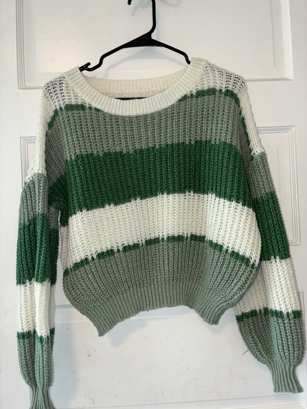 SHEIN Green & White Striped Waffle Knit Crewneck Sweater